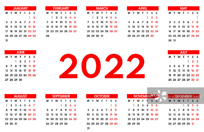 2022袖珍日历，第一天星期一，两个周末，红色的白色背景，水平布局，矢量插图图片素材