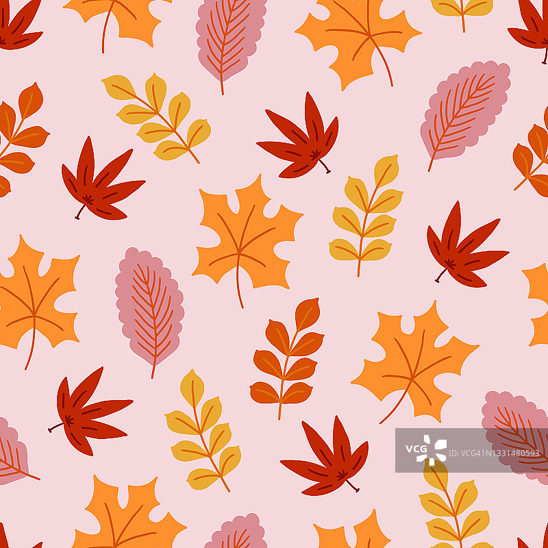 秋天无缝模式与五颜六色的叶子在粉红色的背景图片素材