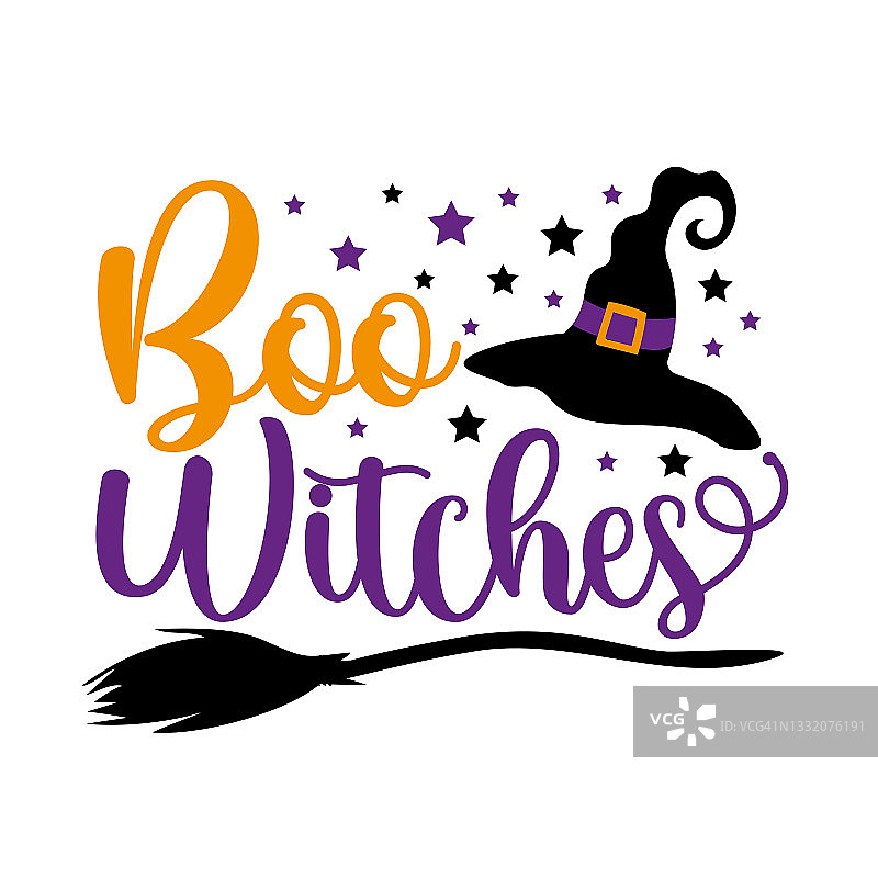 Boo witches——万圣节的搞笑短语，白色背景上有扫帚棒和女巫的帽子。图片素材