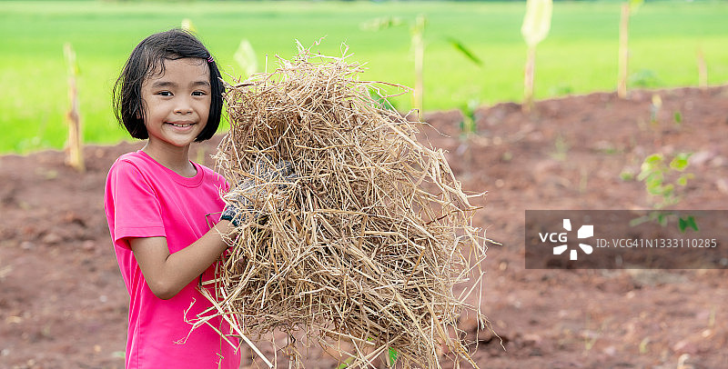 农村农场有机菜园里，孩子们拿着稻草种树图片素材