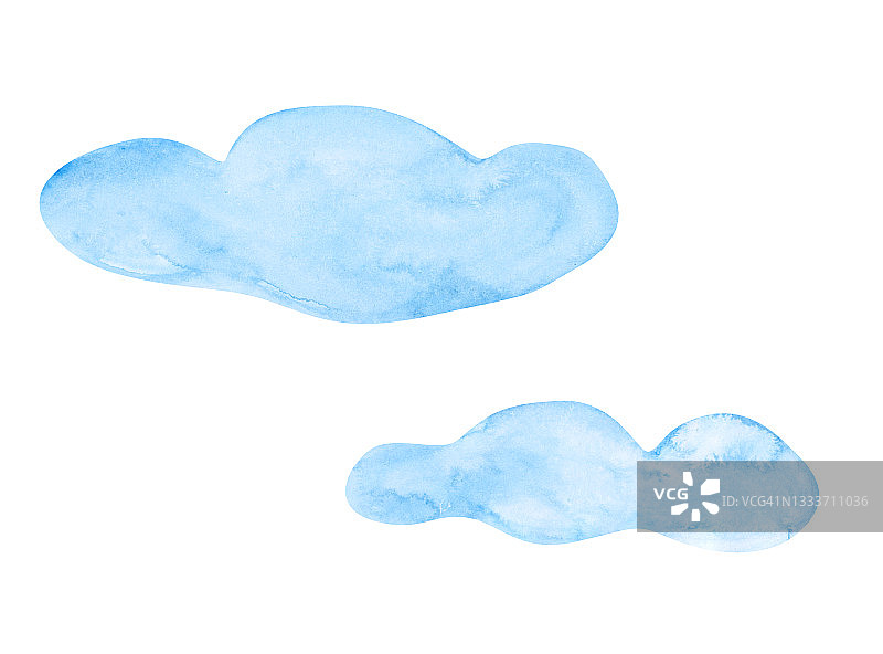 蓝色的云被隔离在白色的背景上。集2水彩画云彩剪贴画。手绘气泡云插图卡通风格。可爱的天空元素。明亮的装饰。图片素材