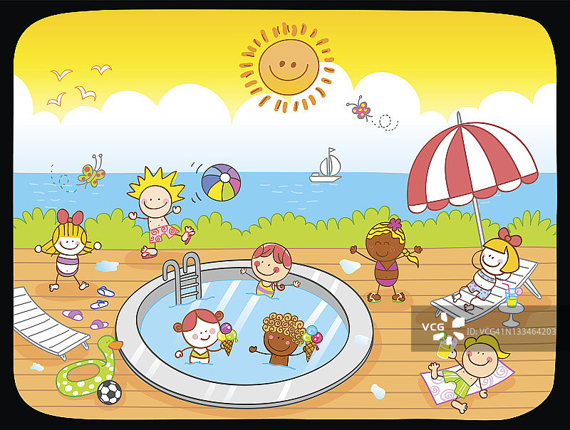 儿童在游泳池卡通插图图片素材