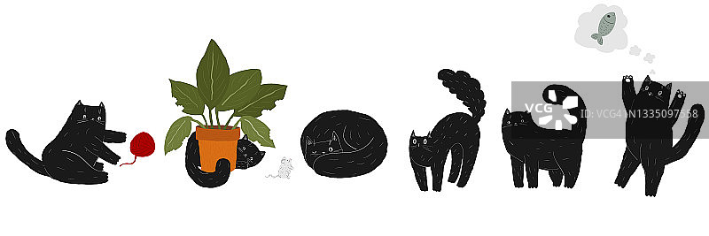 可爱的胖黑色涂鸦卡通猫集。猫躲在植物后面，可怕的小猫拱着背睡觉，梦见一条鱼。股票矢量插图孤立的白色背景。图片素材