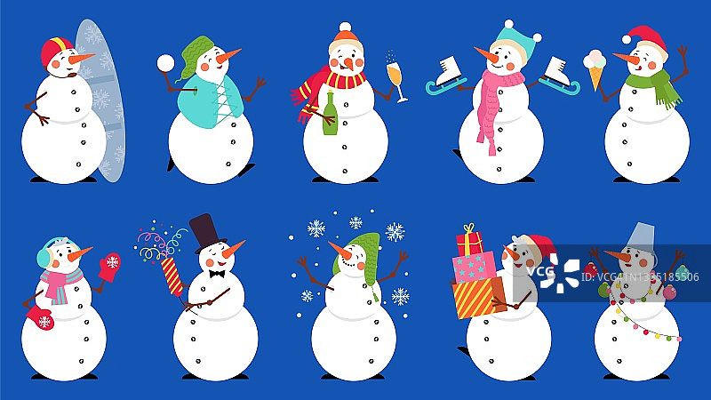 滑稽的雪人。优雅快乐的雪人，圣诞人物戴围巾和帽子。季节性可爱的圣诞节假期，婴儿贴纸体面的向量集图片素材