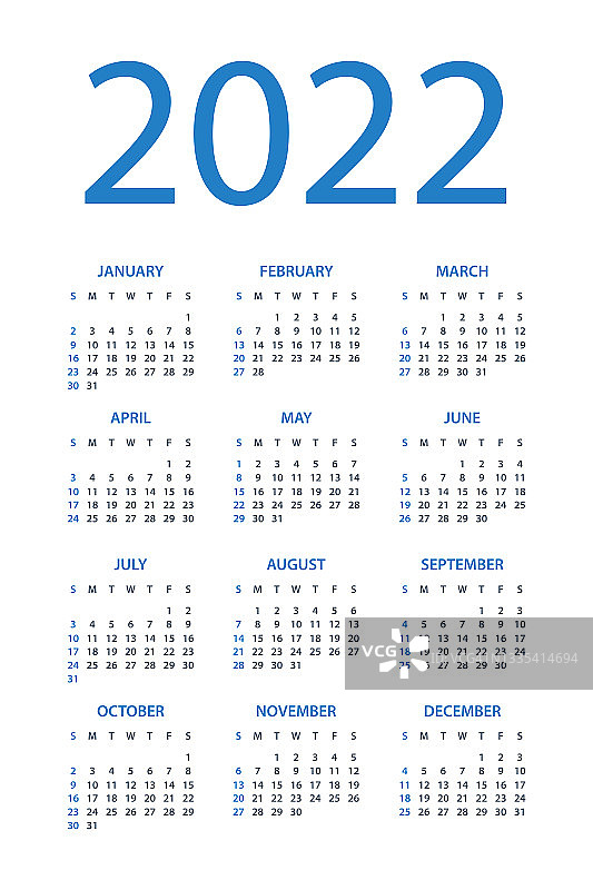 日历2022 -简单的布局插图。星期从星期天开始。2022年日历图片素材