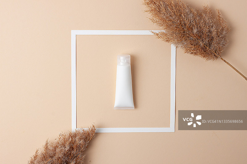 白色的化妆霜管，白色的框架和蒲苇在柔和的米色背景。平躺图片素材