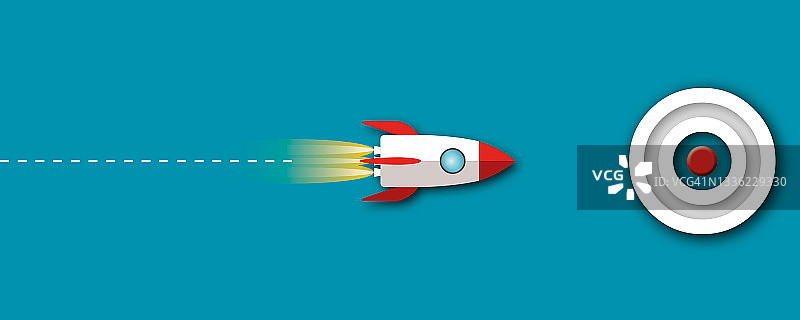 蓝色背景上红色火箭击中目标中心，寓意商业目标或目标成功和赢家。图片素材
