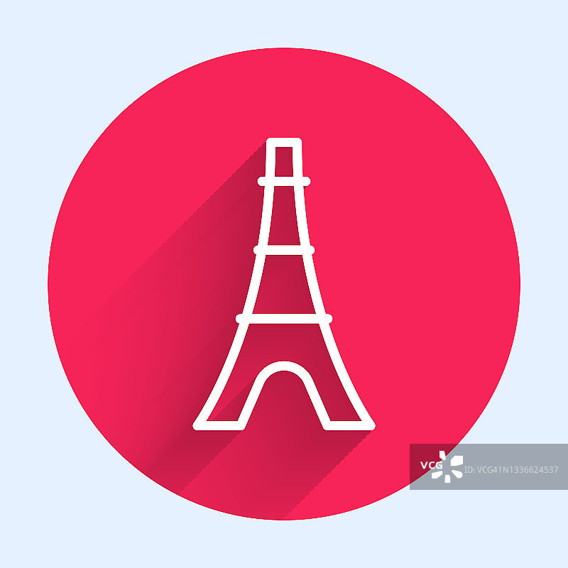 白线埃菲尔铁塔图标孤立与长阴影背景。法国巴黎的地标标志。红色圆圈按钮。向量图片素材
