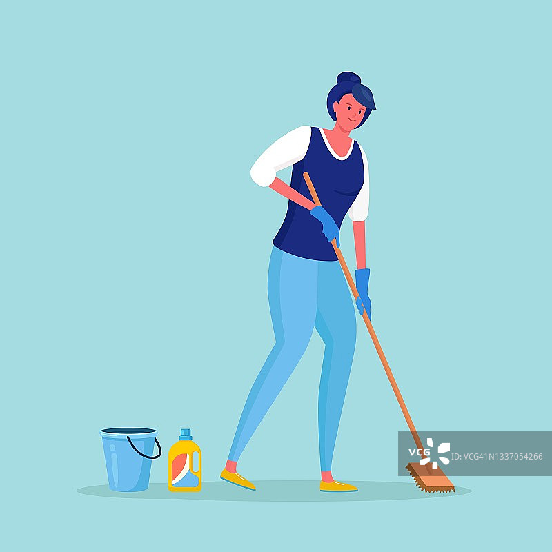 戴手套的女人正在洗地板。女孩用拖把、清洁剂清洁家务。家庭主妇做家务。矢量图图片素材