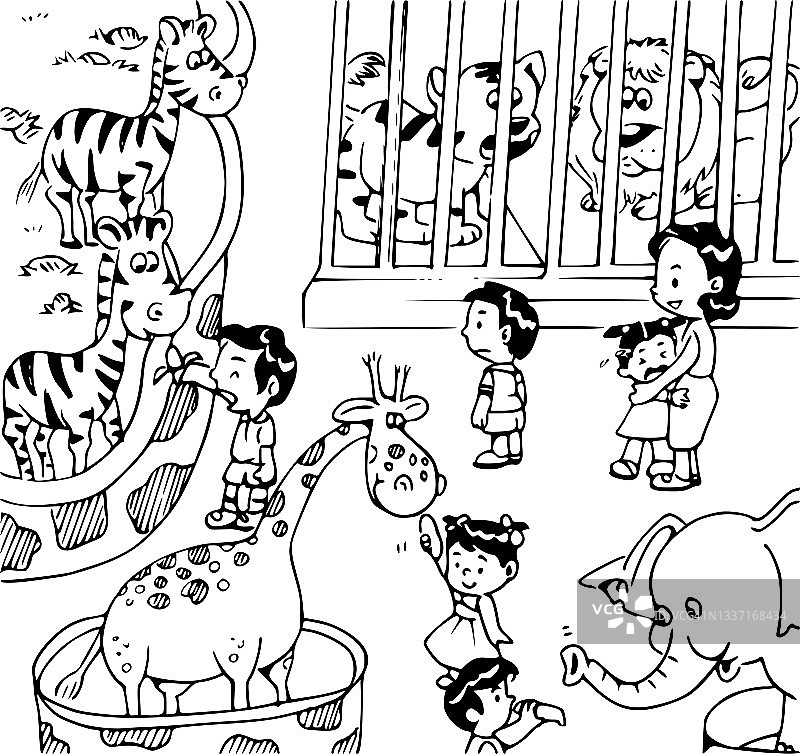 向量卡通孩子参观动物园的动物图片素材