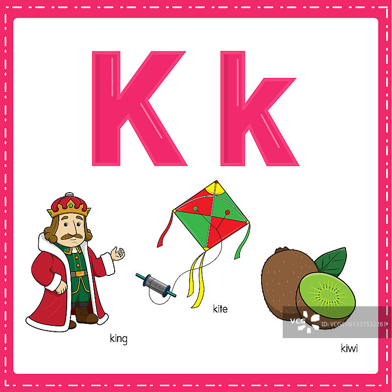 向量插图学习字母K的小写和大写的儿童与3卡通图像。王风筝猕猴桃。图片素材