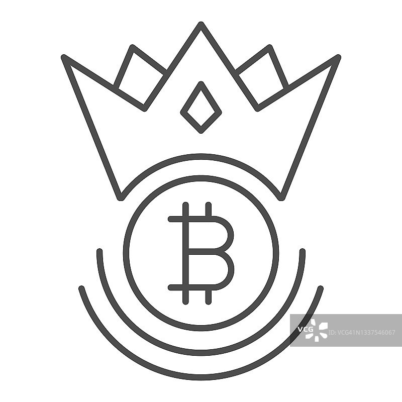 皇冠细线图标中的比特币徽章，加密货币概念，白色背景上的皇家BTC国王矢量标志，轮廓风格图标，用于移动概念和网页设计。矢量图形。图片素材