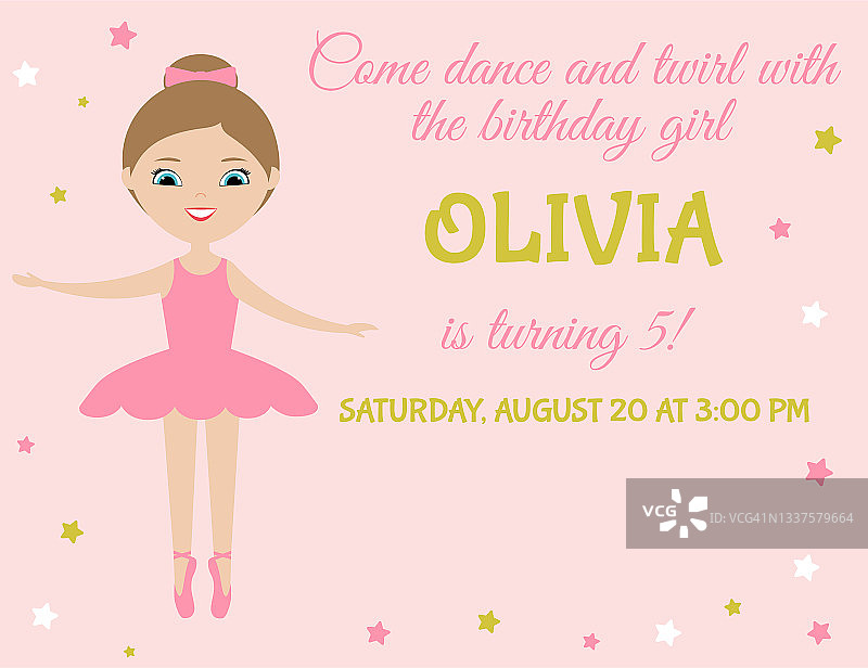 生日聚会的邀请。小女孩芭蕾舞演员在粉红色的背景上穿着粉红色的芭蕾舞裙图片素材