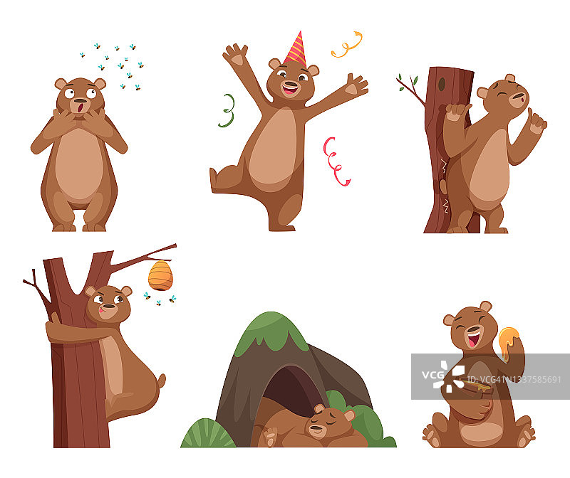 熊卡通。野生有趣的动物在行动姿势棕色漫画熊与蜂蜜确切的向量字符设置图片素材