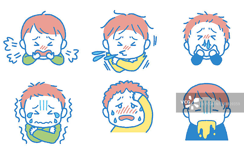 插图组的男孩有各种各样的感冒症状图片素材