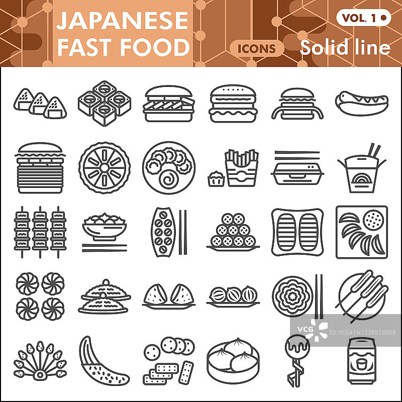 日本快餐系列图标集，亚洲美食符号集或速写。东方菜实线线性风格标志的网页和应用程序。矢量图形孤立在白色背景。图片素材