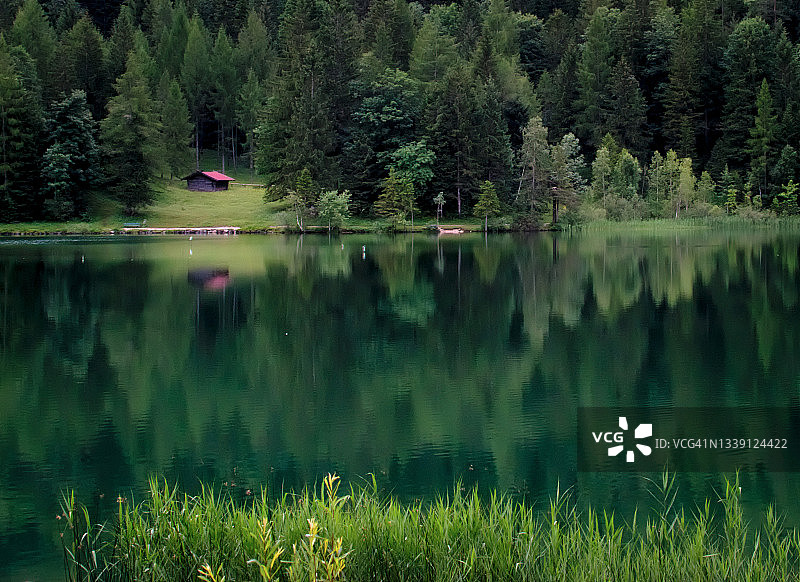 德国巴伐利亚州Lautersee Mittenwald湖的绿色森林中的小屋图片素材