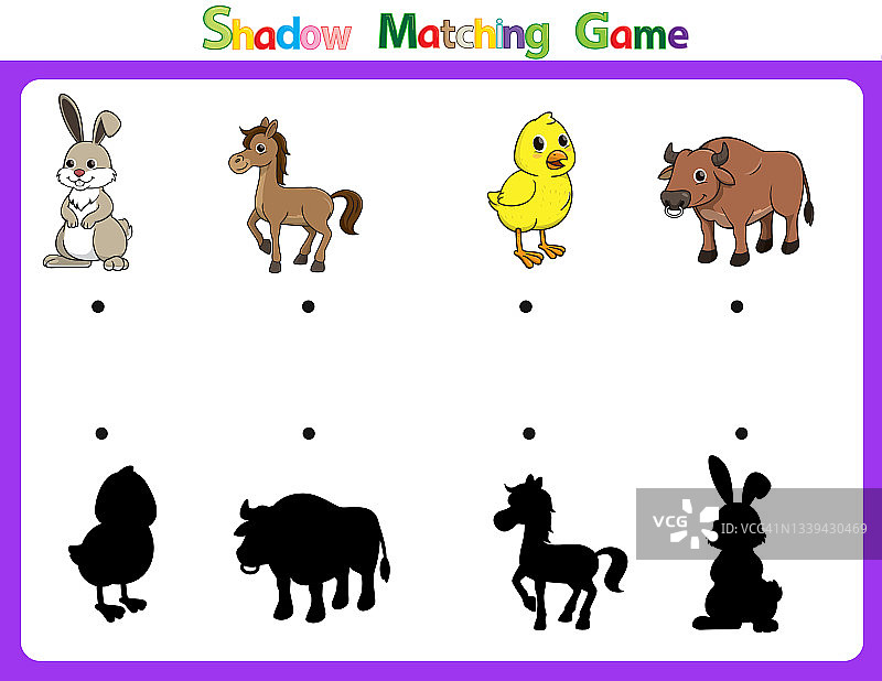 矢量插图学习不同形状的阴影。儿童女巫卡通形象兔子，马，小鸡，牛。图片素材
