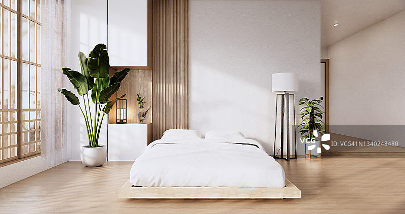 卧室日本设计的热带房间内部和榻榻米地板。三维渲染图片素材