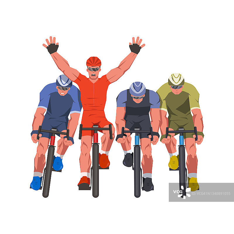 男人的自行车比赛。终点线的自行车手们正在为胜利而战斗。图片素材