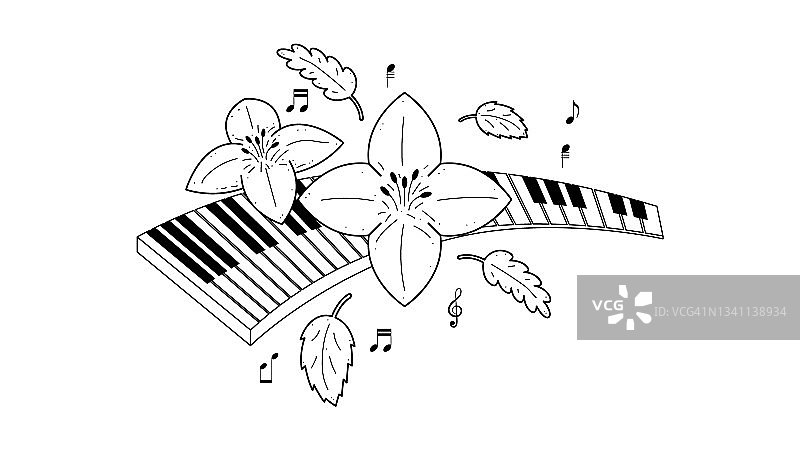 摘要花叶与钢琴键音符音乐键盘乐器涂鸦轮廓融歌旋律矢量设计风格图片素材