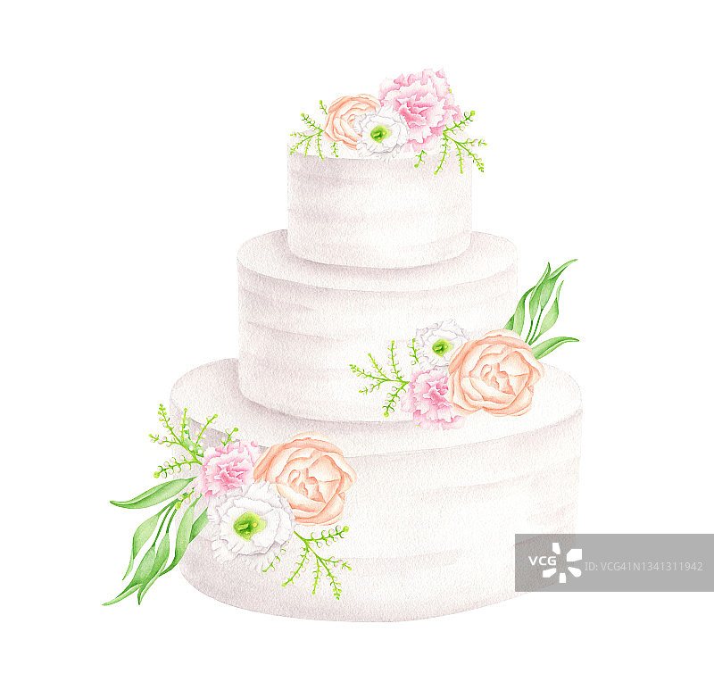 水彩婚礼蛋糕与鲜花插图。手绘3层白奶油甜点孤立在白色。剪贴画邀请，菜单，餐厅，商店和面包房的标志。图片素材