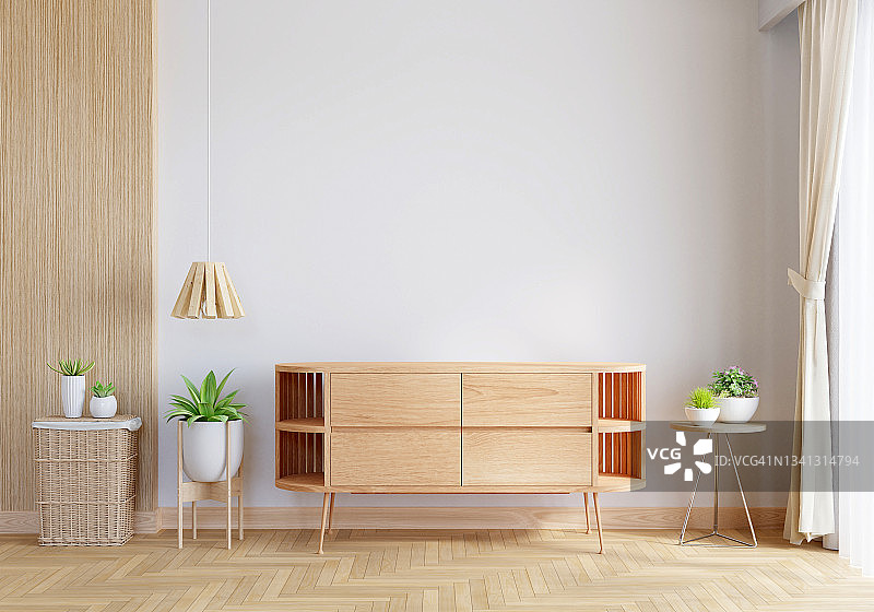 客厅木质餐具柜，带有复制空间，3D渲染图片素材