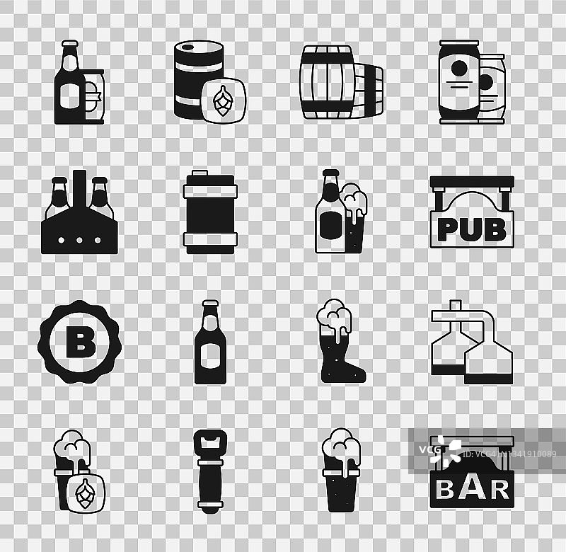 设置街道招牌与酒吧，啤酒酿造过程，酒吧，木桶，金属啤酒桶，包装瓶，罐和玻璃图标。向量图片素材