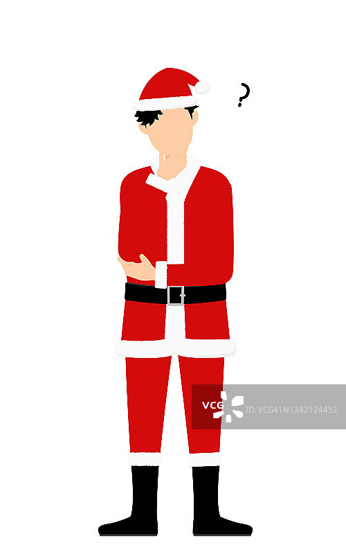 一个穿着圣诞老人服装双臂交叉思考的人。图片素材