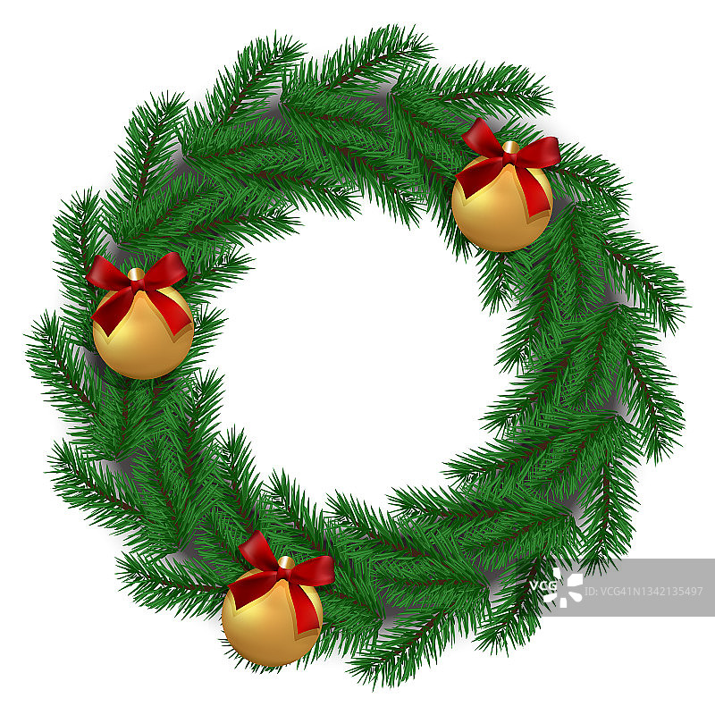 向量。圣诞和新年贺卡。圣诞花环，由冷杉树枝组成。圣诞花环，球，缎子红色蝴蝶结。图片素材