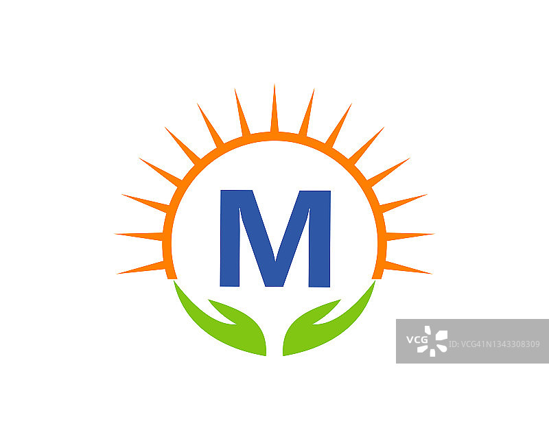 慈善标志与手，太阳和M字母概念。字母M慈善标志模板捐赠组织标志矢量图片素材