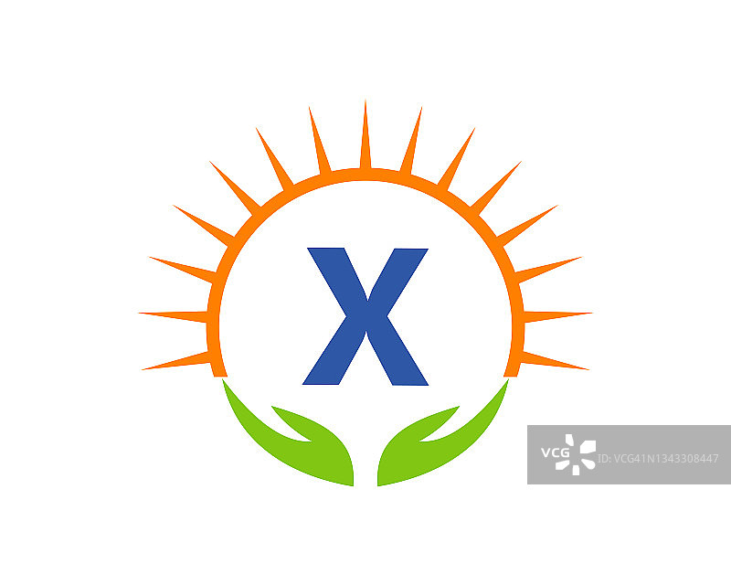 慈善标志与手，太阳和X字母概念。字母X慈善标志模板捐赠组织标志矢量图片素材