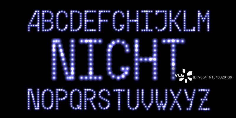 带有蓝色霓虹灯发光效果的LED字体。发光的点状字母，带有闪光的数字字母。圣诞夜的设计。矢量图图片素材
