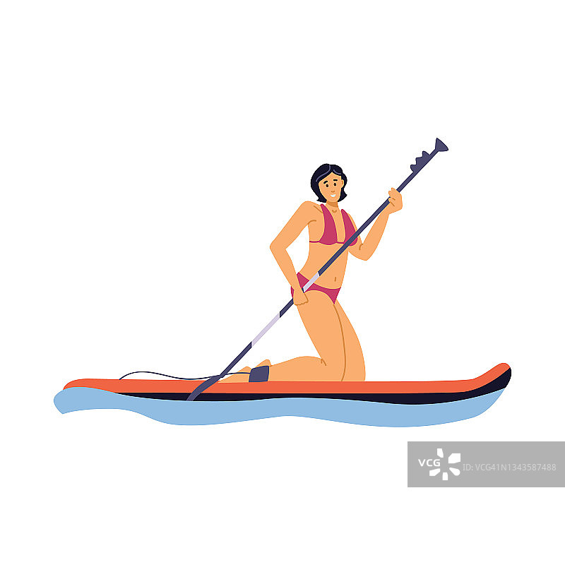 年轻的运动女子泳装跪在桨板矢量插图。图片素材