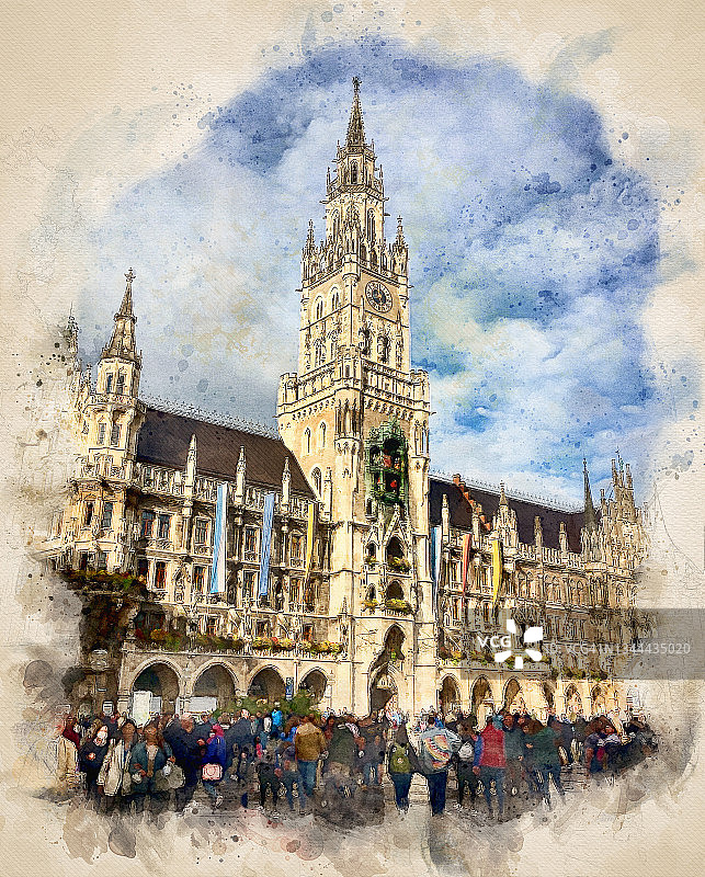 德国慕尼黑，Marienplatz的市政厅(Rathaus)。数字模拟素描，水彩画。图片素材