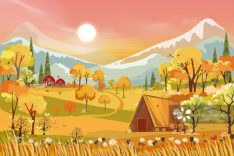 秋天的乡村全景，农场，山，野生的草和树叶从树上落下的黄色叶子的中秋节全景。秋季的仙境景观图片素材