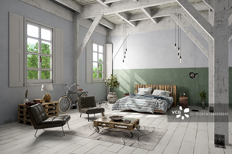 阁楼阁楼卧室凌乱的床，皮革扶手椅，咖啡桌和自行车。图片素材