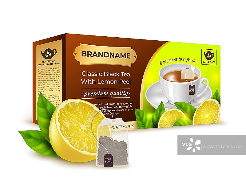 现实详细3d经典红茶与柠檬皮概念。向量图片素材