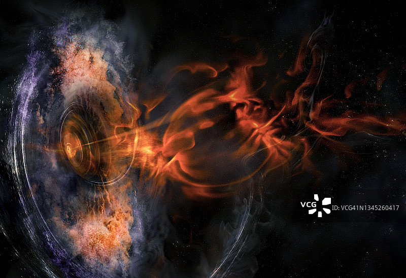 抽象的空间墙纸。外层空间的彩色恒星和云场上方的黑洞和星云。等离子体火焰从这颗超新星中迸发出来。这张图片的元素是由美国宇航局提供的。图片素材