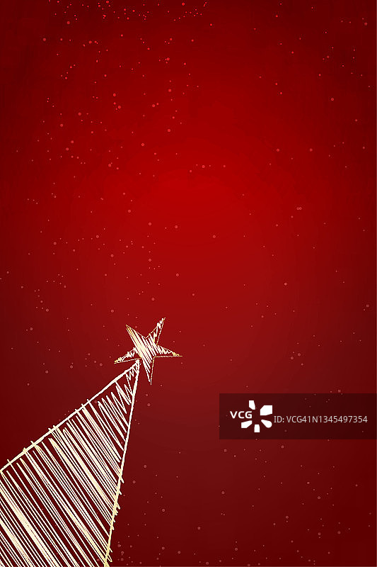 淡白色倾斜的三角形树充满了涂鸦和一个星星在顶部的左下角的一个空白充满活力的明亮的红色栗色垂直圣诞节日背景作为模板贺卡，海报和旗帜图片素材