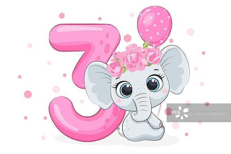 卡通插图“生日快乐，3岁”，一个可爱的小象女孩。矢量插图。图片素材