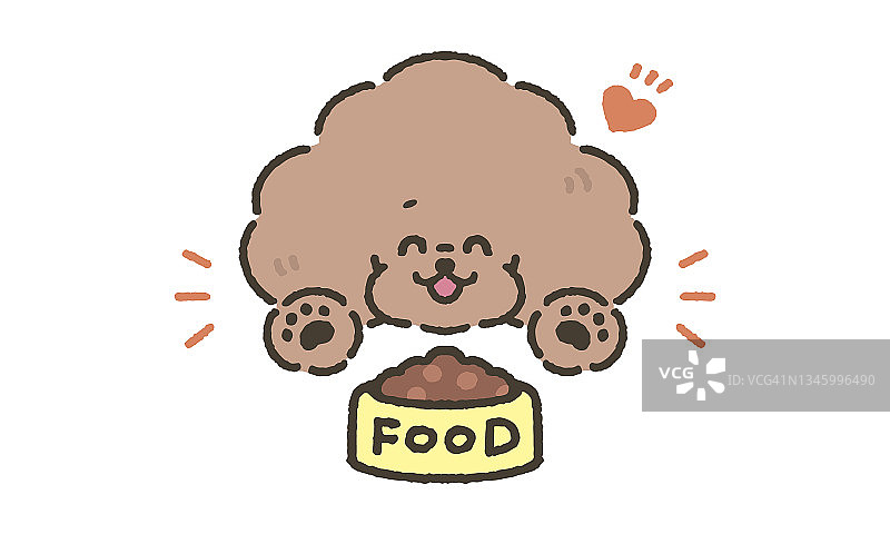 矢量插图的快乐玩具狮子狗吃狗粮。图片素材
