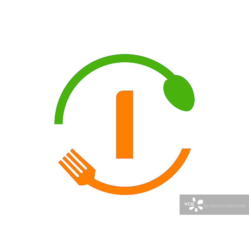 餐厅标志设计的字母I勺子和叉子概念模板。厨房工具，食物图标。采购产品烹饪标志，烧烤标志，烧烤叉与I字母向量图片素材