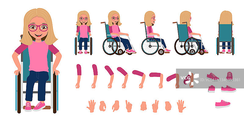 平面矢量插图微笑的小女孩在轮椅图片素材