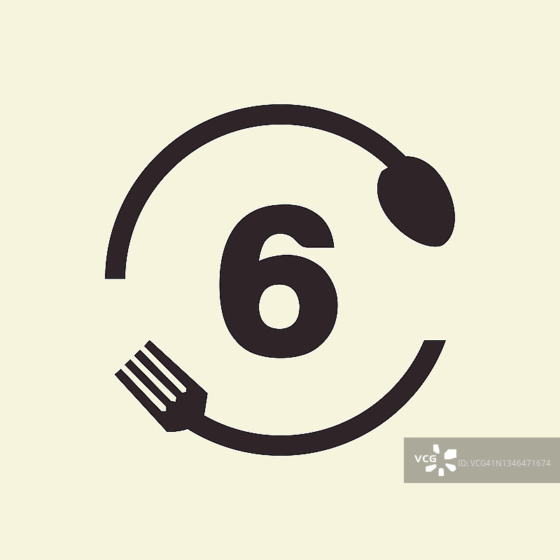 餐厅标志设计的字母6与勺子和叉子概念模板。厨房工具，食物图标。采购产品烹饪标志，烧烤标志，烧烤叉与6个字母向量图片素材