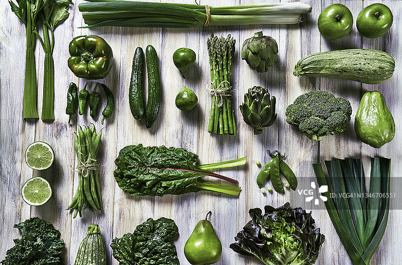 表顶视图背景变化绿色蔬菜排毒和碱性饮食。放在一张白色的质朴的桌子上。knol的食物。图片素材