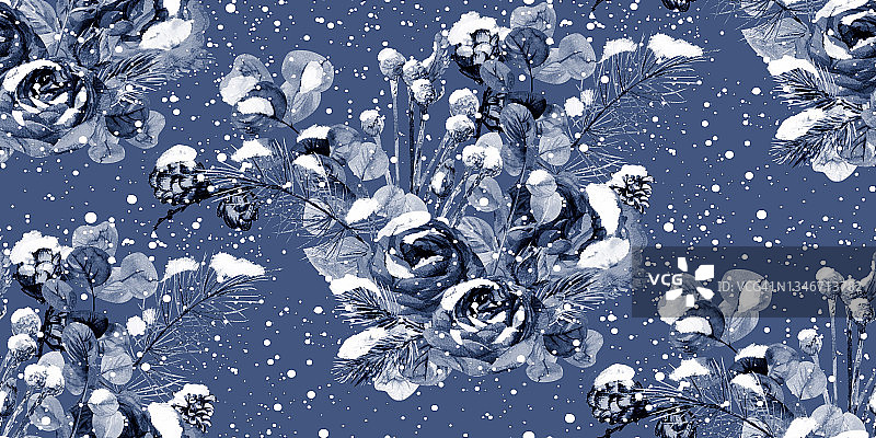 蓝色水彩冬季图案与小枝松树和玫瑰花与飘落的雪图片素材