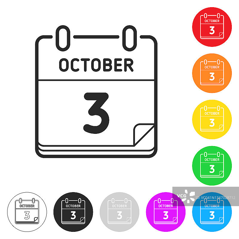 10月3日。按钮上不同颜色的平面图标图片素材
