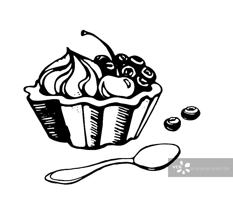 小蛋糕，奶油甜点，草莓，蓝莓，勺子。透明背景上的黑线，孤立的。向量图片素材