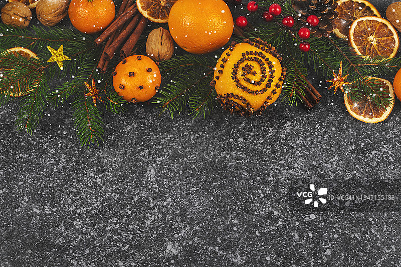 圣诞背景与冷杉枝，和松果，俯视图，复制空间。图片素材